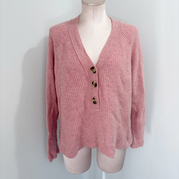 Madewell Ribbed Lyle Henley Size Medium Sweater Watermelon Sugar Pink Merino Woo - Picture 2 of 16